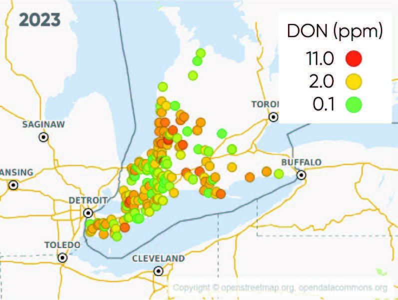 Location mean DON levels (ppm) at 2023 sampling sites.