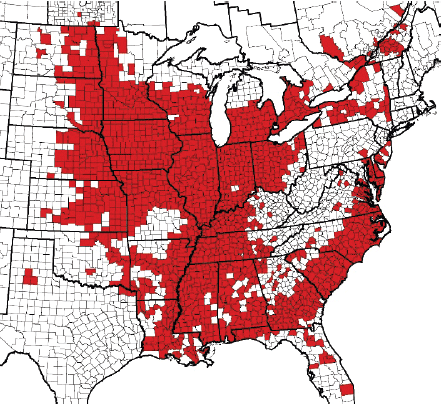 Map - Known distribution of soybean cyst nematode in North America as of 2020