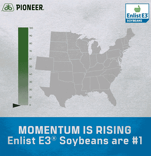 Map demonstrating the rise in use of Pioneer Brand Enlist E3 soybeans in the USA from 5 percent in 2019 to 60 percent in 2024
